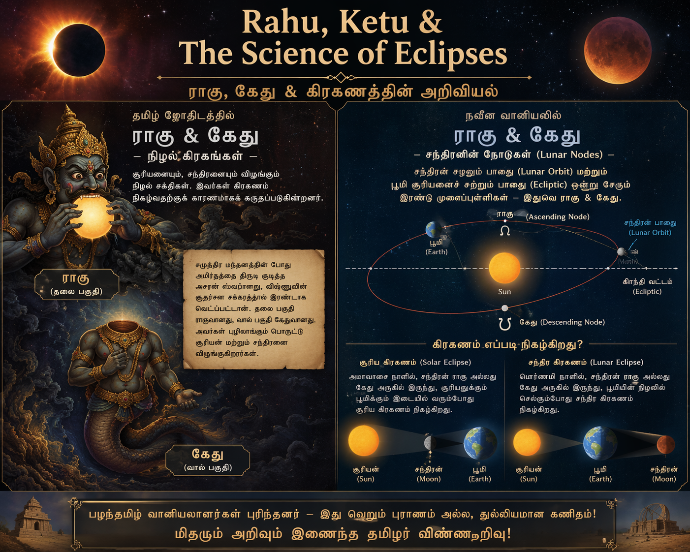 Rahu Ketu and eclipse science illustration
